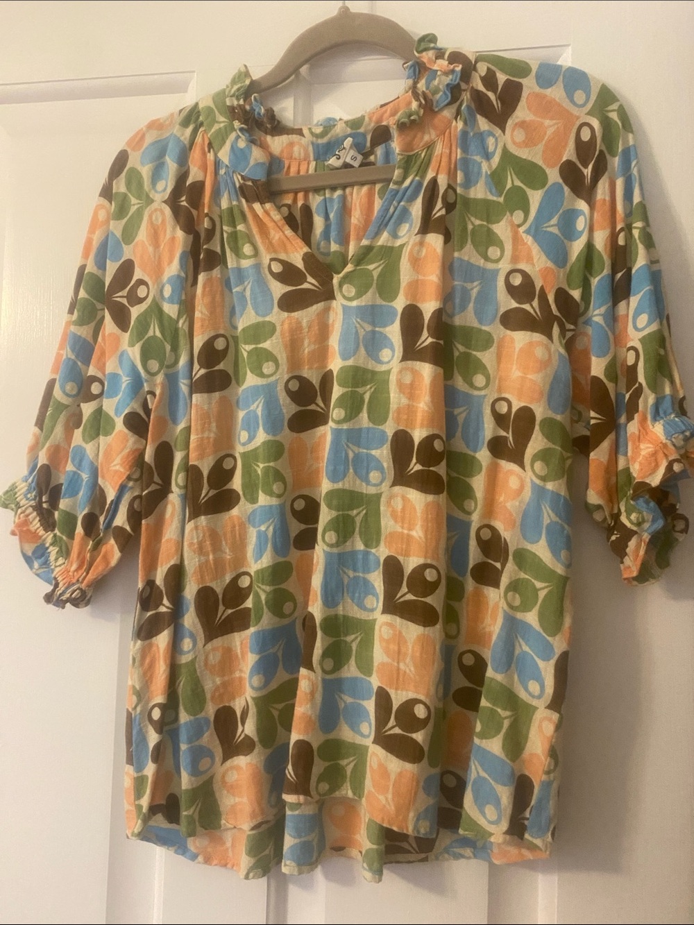 ivy jane Retro Geo Print Peasant Blouse in Blue, Green, Orange, Brown